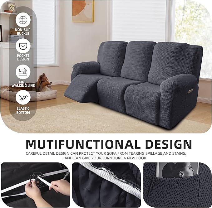 Genina Recliner Sofa Covers - Stretch Reclining Couch Covers with Stripe Jacquard - 3 Seat Cushion Slipcovers with Soft Fabric - Furniture Protector for Pet Kid (Dark Gray)