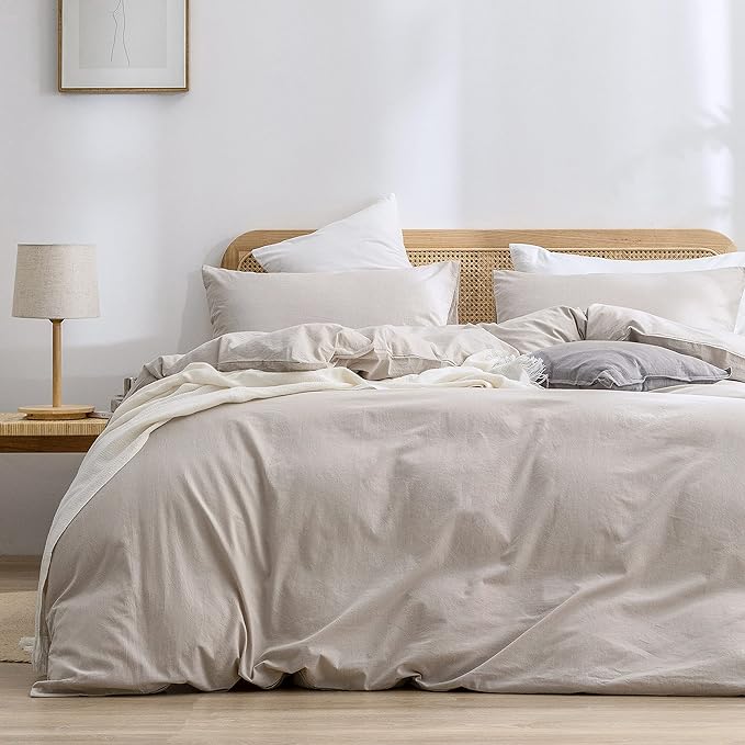 BESTOUCH Duvet Cover Set 100% Washed Cotton Linen Feel Super Soft Comfortable Chic Lightweight 3 PCs Home Bedding Set Solid Linen Grey Cal King