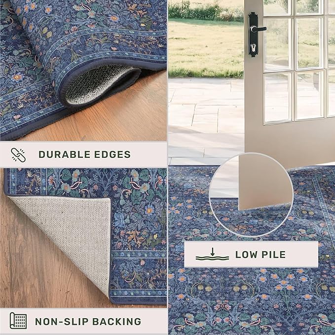 Non Slip 2x7 Dark Blue Hallway Runner - Long Runner Rugs for Bathroom, Washable Kitchen Floor Mat, Bedroom Bedside - Dusky Navy Vintage Floral Décor