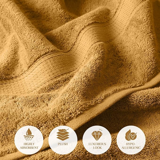 Superior Egyptian Cotton Pile 3-Piece Towel Set, Includes 1 Bath, 1 Hand, 1 Face Towel/Washcloth, Heavyweight, Ultra Soft Luxury Towels, Thick Plush Essentials, Guest Bath, Spa, Hotel Bathroom, Gold