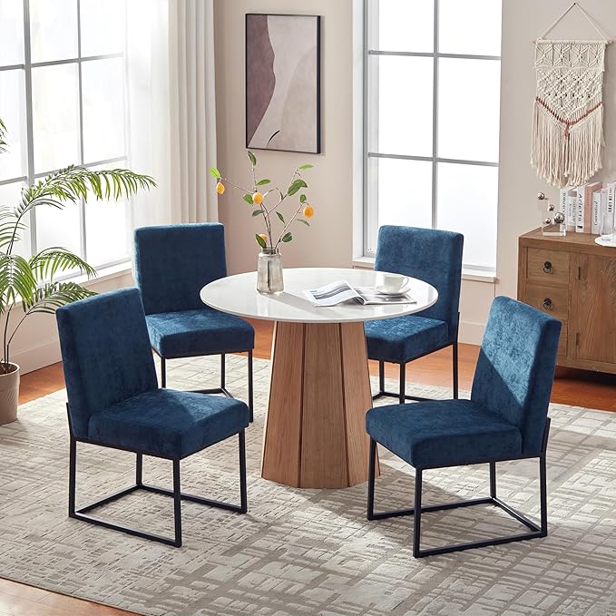 VKNOW Upholstered Dining Chairs Set of 4, Modern Dining Room Chairs, Linen Kitchen Chair Dinner Chair with Black Metal Base for Kitchen Office, Blue-Unstriped