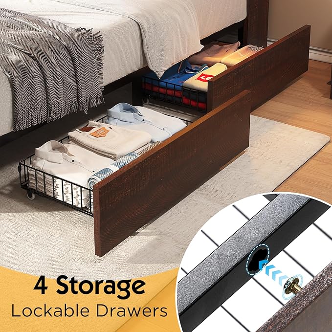 Full Farmhouse Bed Frame with Bookcase Headboard and 4 Drawers, LED Storage Bed with Charging Station & Linen Upholstered, No Box Spring Needed, Reclaimed Barnwood