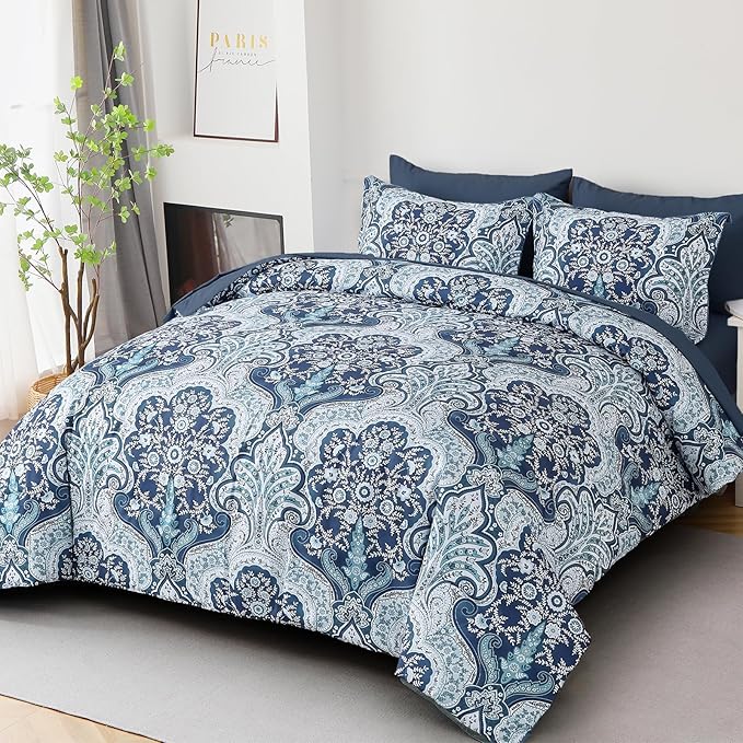 Drucon Paisley Comforter Set King Size, 7 Pieces Bed in a Bag Blue Boho Comforter, Soft Lightweight Microfiber Bedding Set (1 Comforter, 1 Flat Sheet, 1 Fitted Sheet, 2 Pillow Shams, 2 Pillowcases)