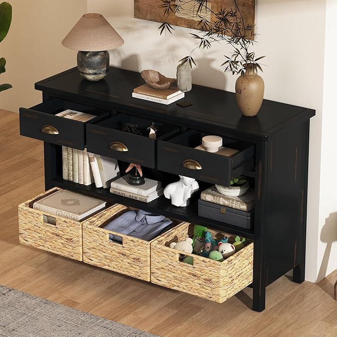 GDFStudio 47" Retro Console Table with 3 Drawers & 3 Water Hyacinth Baskets, Wooden Entryway Buffet Table with Lower Shelf, Vintage Side Board Storage Cabinet for Entryway Hallway Living Room, Black