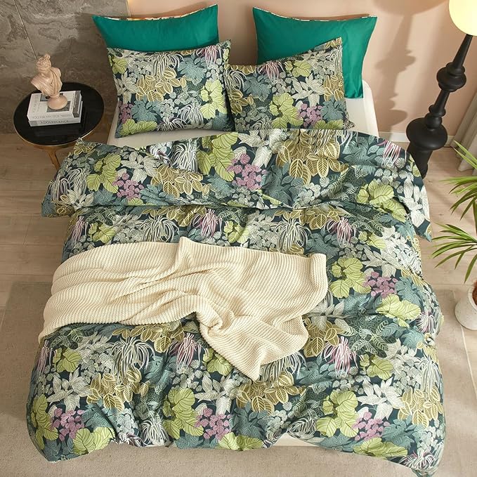 EAVD Green Leaves Botanical Comforter Set Soft Fluffy Microfiber Tropical Leaf Bedding Set with 2 Pillowcases Reversible Plant Leaves Comforter Set for All-Season