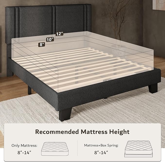 iPormis Queen Platform Bed Frame with Fabric Upholstered Headboard & Thickened Legs, Mattress Foundation w/Solid Wooden Slats Support, Noise Free, No Box Spring Needed, Dark Grey