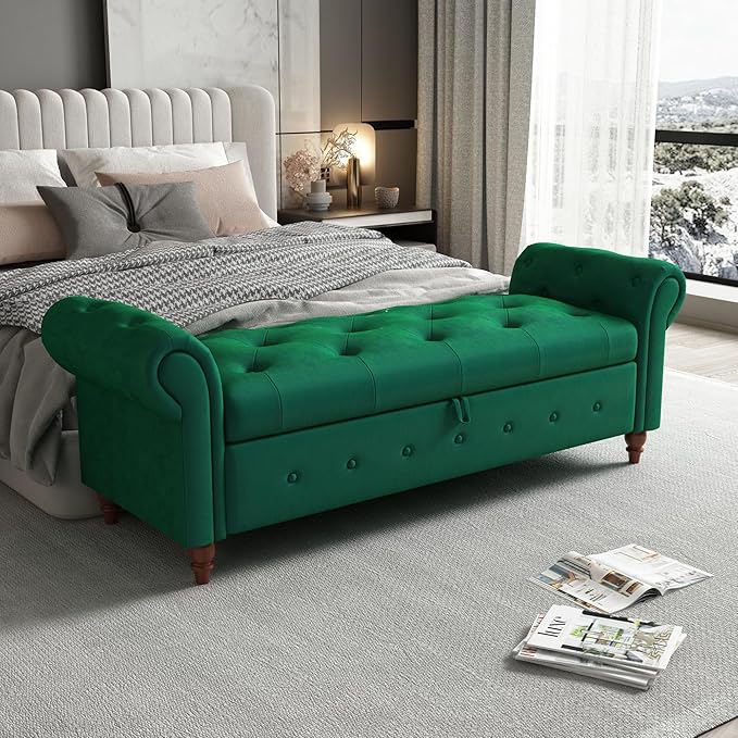 GNIXUU Ottoman with Storage Bench for Bedroom, 63" Velvet Upholstered End of Bed Storage Bench Seat, Rolled Arm Cushioned Ottoman with Wood Legs, Modern Window Chair for Living Room, Entryway, Green