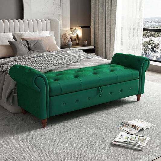 GNIXUU Ottoman with Storage Bench for Bedroom, 63" Velvet Upholstered End of Bed Storage Bench Seat, Rolled Arm Cushioned Ottoman with Wood Legs, Modern Window Chair for Living Room, Entryway, Green