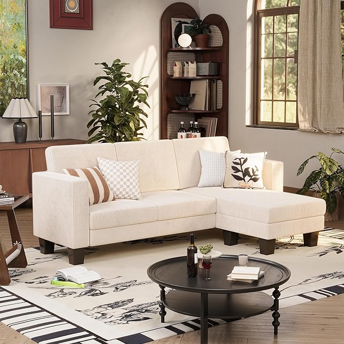 VICTONE Convertible Sectional Sofa Couch, 3 Seat L-Shaped Sofa with Linen Fabric Ottoman Small Couch for Small Apartments, Living Room and Office (Corduroy, Cream)