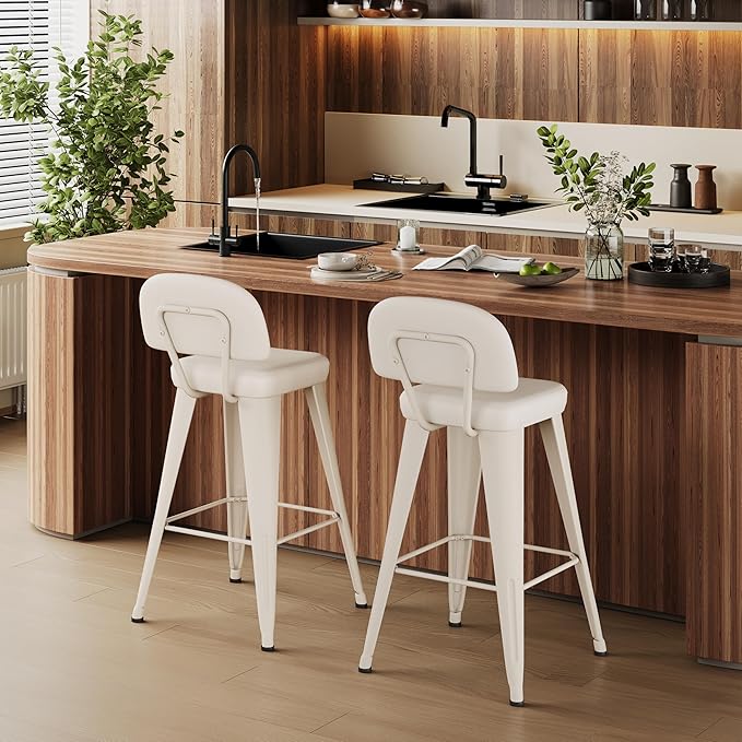 Aklaus PU Leather Metal Bar Stools 30 inch Faux Leather Bar Height Barstools Set of 2 Modern Farmhouse Bar Chairs with High Backs and Faux Leather Seat for Kitchen Island Dining Room Off White