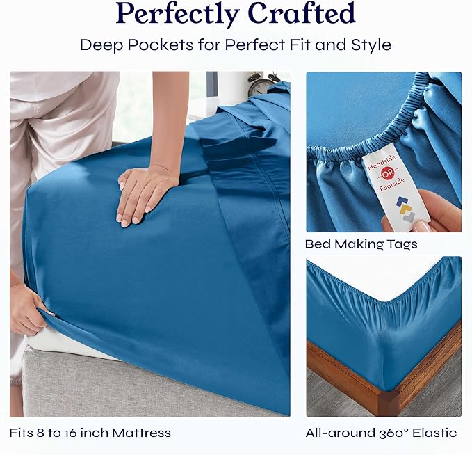 California Design Den Natural 100% Cotton Sheets Queen Size Bed Set - 400 Thread Count Sateen, Deep Pocket Queen Sheets with All Around Elastic, Soft, Cool and Durable Bedding - Cobalt Blue