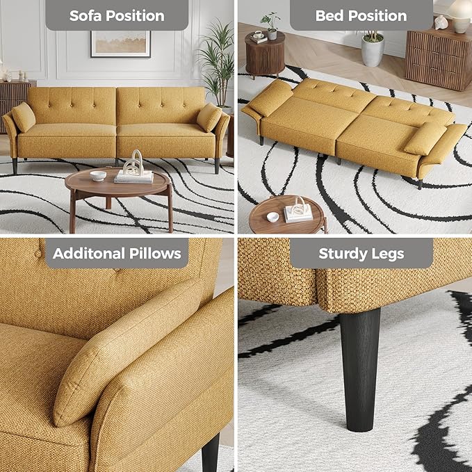 89” Futon Sofa Bed,Comfy Futon Couch Bed with 2 Square Pillows,Convertible Sleeper Sofa with Adjustable Backrest& Armrests, Modern Loveseat Sleeper for Living Room, Bedroom, Linen Yellow