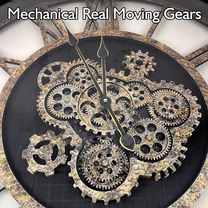DORBOKER 40" Original Moving Gears Wall Clock, Large Industrial Wall Clock for Living Room Decor,Oversized Wood Vintage Farmhouse Steampunk Rustic Clocks for Wall Decor Vintage Black