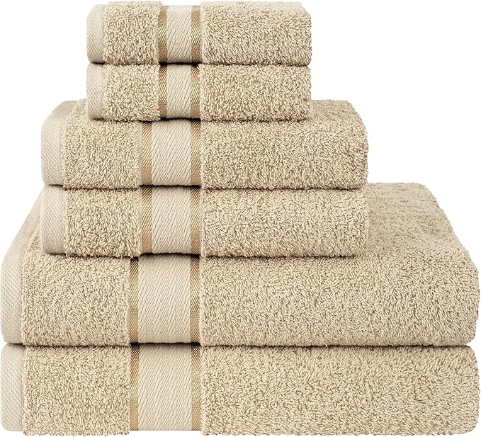 6 Piece 100% Turkish Cotton Towel Set, 2 Bath Towels 2 Hand Towels 2 Washcloths, Soft Absorbent Towels for Bathroom and Kitchen, Beige