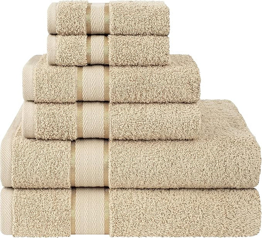 6 Piece 100% Turkish Cotton Towel Set, 2 Bath Towels 2 Hand Towels 2 Washcloths, Soft Absorbent Towels for Bathroom and Kitchen, Beige