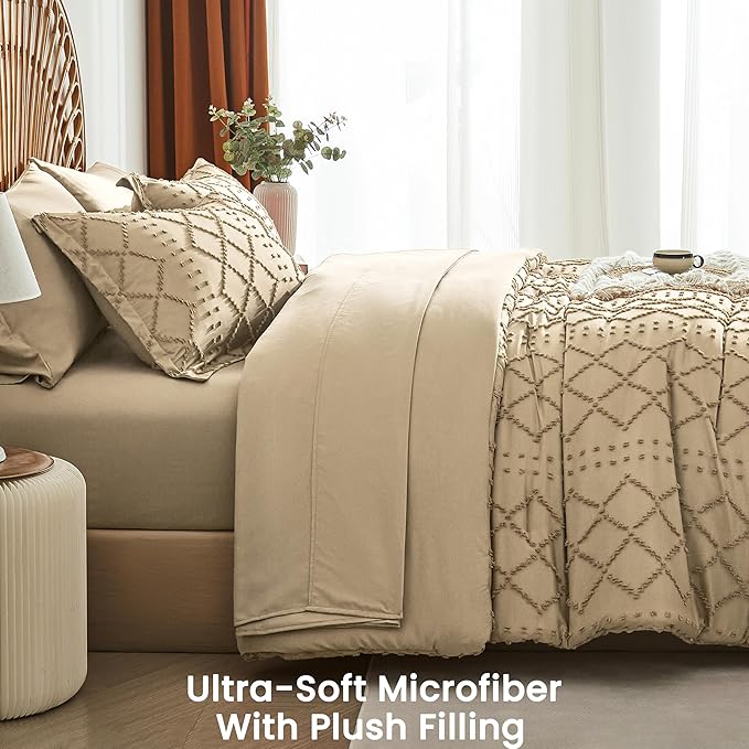 Khaki Tufted Comforter Set King Size 7 Piece Bed in a Bag,Shabby Chic Boho Comforter and Sheet Set,All Season Soft Microfiber Complete Bedding Set(Khaki,102"x90")