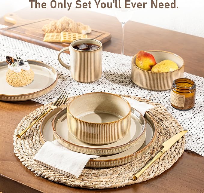 GBHOME Stoneware Dinnerware Sets for 4,Round Reactive Glaze Ceramic Plates and Bowls Set,Highly Scratch Resistant | Dishwasher & Microwave Safe Dishes Set,Service for 4(12Pcs),Barley Latte