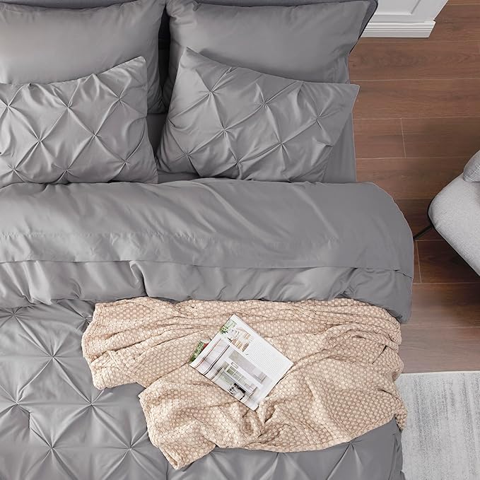 Bedsure Twin Comforter Set Grey - Bed in a Bag Twin Size Bedding 5 Pieces, GentleSoft™ Pintuck Bed Set Gift for Family, Pinch Pleat Grey Comforter with Sheets, Pillowcase & Sham