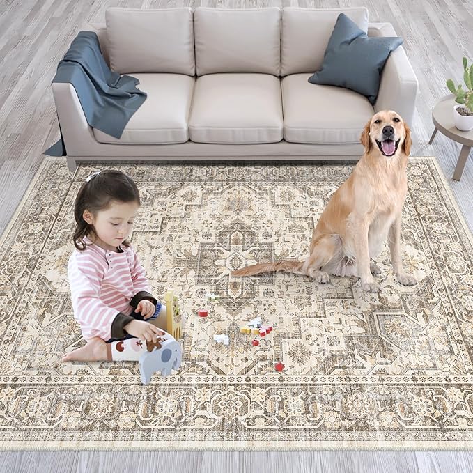 Machine Washable Soft Area Rug 8x10 Rugs with Non Slip Backing for Living Room, Bedroom, Bathroom,Printed Vintage Home Decor, Floor Decoration Carpet Mat (Coffee Beige 8x10)…