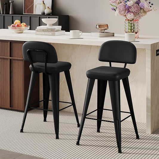 Aklaus PU Leather Metal Bar Stools 26 inch Faux Leather Counter Height Barstools Set of 2 Modern Farmhouse Bar Chairs with High Backs and Faux Leather Seat for Kitchen Island Dining Room Matte Black