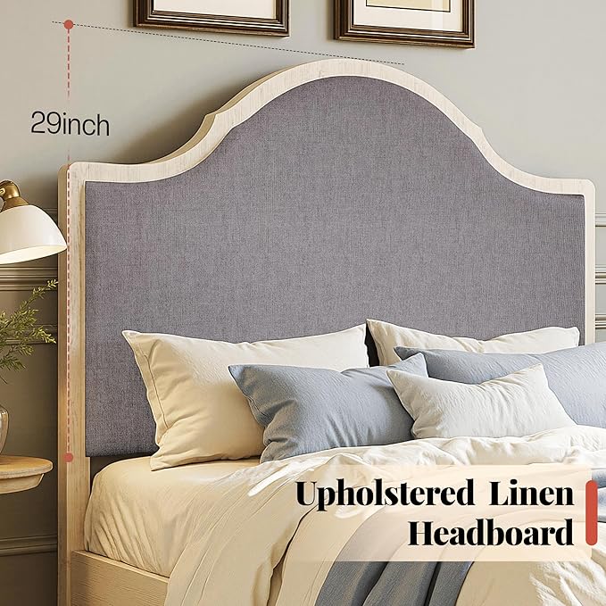 Jocisland Full Size Bed Frame with Tall Upholstered Curved Headboard, Solid Wood Platform Bed, No Box Spring Needed, Wood Slat Support, Easy Assembly, White