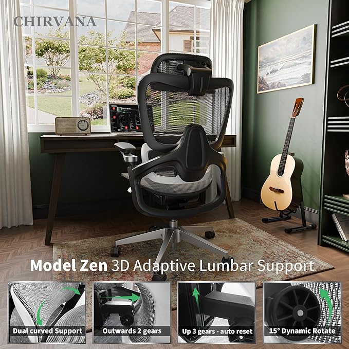 Ergonomic Office Chair, Mesh Home Desk Chair with Adaptive Lumbar Support, Gaming Chair with Headrest, 5D Armrest,90-130°Tilt, BIFMA Certified, Model Zen (Grey)