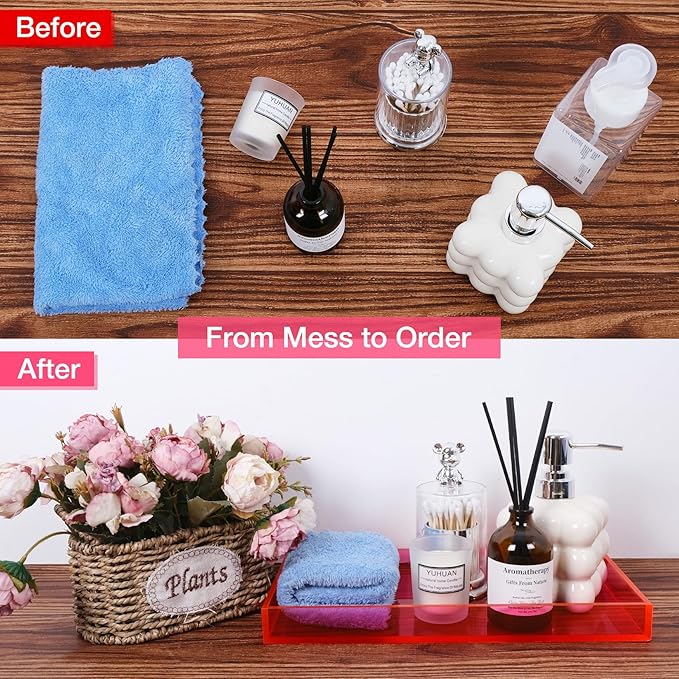 Acrylic Tray 5mm Thicken for Vanity Makeup, Perfume, Jewelry Holder, Napkin, Neon Pink 12x6'' 5Decorative Serving Tray for Bathroom, Toilet Tank, Sink Countertop, Living Room,Dresser, Coffee Table