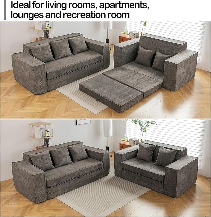 HOMREST 63" Convertible Memory Foam Loveseat Sofa, Pull Out Sleeper Sofa Bed, 2 in 1 Folding Couch Bed, Fold Out Floor Couch Corduroy Fabric with 2 Pillows for Living Room Bedroom Lounge (Grey)