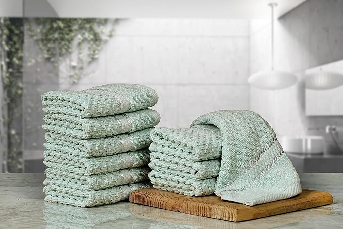Ample Decor Mint Green Wash Cloth Set of 10 100% Cotton - Quick Dry, Highly Absorbent, Popcorn Textured - Mulaayam Collection - 12 X 12 Inch