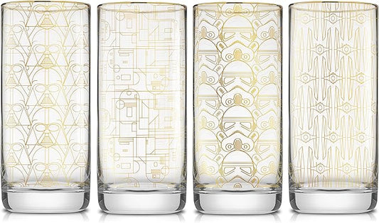JoyJolt Star Wars Glassware. 'Deco' Highball Glasses Set of 4, 13.5oz Star Wars Glasses. Highball Glass Tumbler with Darth Vader in a Retro Crystal Glass Cup. Tall Drinking Water Glasses For Kitchen
