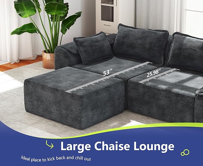 Hobestluk 120" Cloud Sectional Couch 3-Seater Sofa with Deep Seat Modular Sofa with Removable Cover Large Sofa Couch for Living Room (Blue Grey, 3-Seater Sofa)