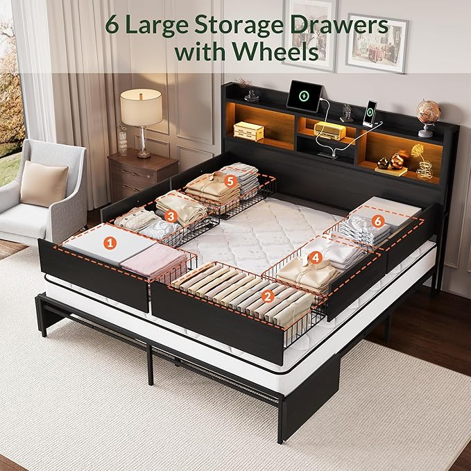LARMACE King Size Bed Frame with 6 Storage Drawers and Headboard Wooden Platform Bed Frame with LED Lights and Charging Station Easy Assembly/No Box Spring Needed/Black