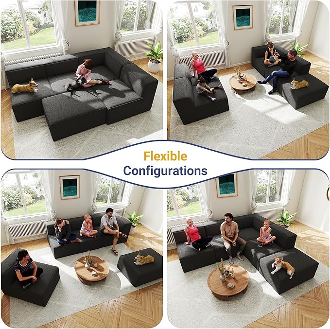 97"+57" 5-Piece Modular Sectional Sofa Convertible Cube Thick Couch 2 3 4 Seat Set, L-Shape, No Assembly for Living Room (3xArmless+1xCorner+1xOttoman) Fabric Chenille Grey