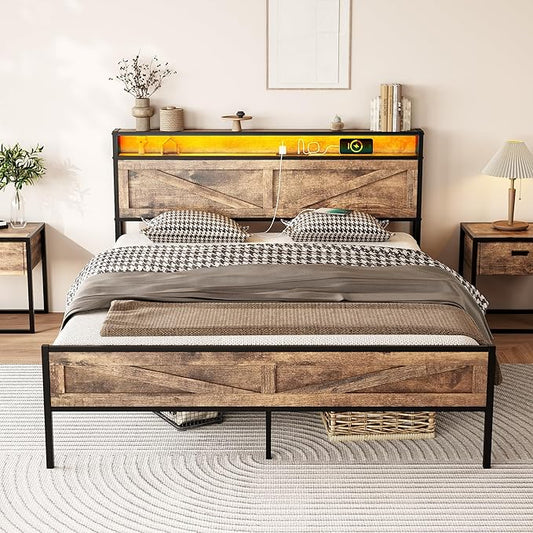 Vabches Full Size Bed Frame with Headboard and Charging Station, Brown Platform Bed Frame with Led Light, No Box Spring Needed, Noise Free Farmhouse Bedroom Set