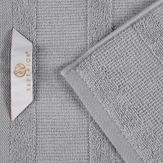 Superior Roma Cotton 12 Piece Assorted Towel Set, Highly Absorbent, Ribbed, Quick-Dry, Shower, Spa Basics, Home Essentials, Solid, Includes; 2 Bath Towels, 5 Hand Towels, 5 Face Towels, Silver