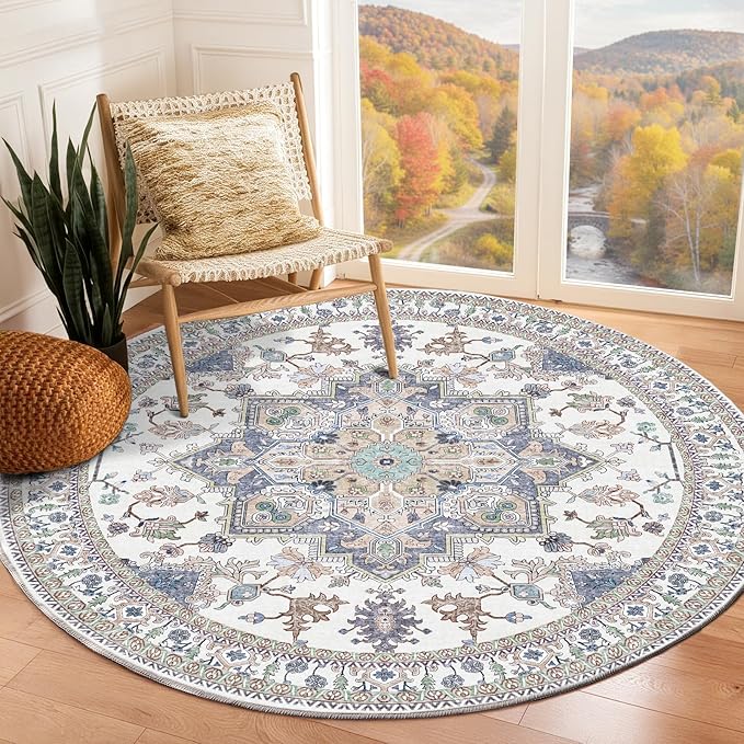 OPPODREAM Thin Round Rug 4ft, Washable Circle Rug 4ft with Non Slip Backing Play Room, Low-Pile Carpet 4 ft, Small Faux Cashmere Throw Carpet, Purple & Green & Cream