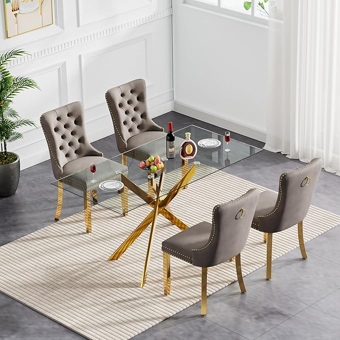Goujxcy 5 Piece Glass Dining Table Set Modern Glass Dining Table Set for 4, 51" Rectangular Kitchen Table and 4 Velvet Upholstered Chairs for Kitchen Dining Room, Gold Table & Grey Chair