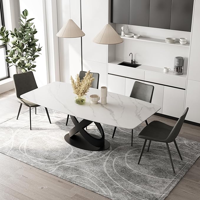 POVISON 63" Modern Dining Table for 4-6 People, Matte White Dining Room Table, Sintered Stone Dinner Tabletop with X-Shape Carbon Steel Pedestal, Rectangle Table for Kitchen Living Room(Table Only)