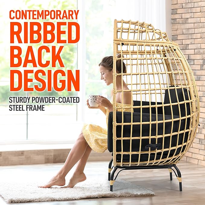SereneLife Jovial Wicker Rattan Egg Chair,Indoor Outdoor Black Sofa Chair for Patio Backyard and Living Room with 4 Cushions and Powder Coated Steel Frame,Woven Texture Contemporary Ribbed Back Design