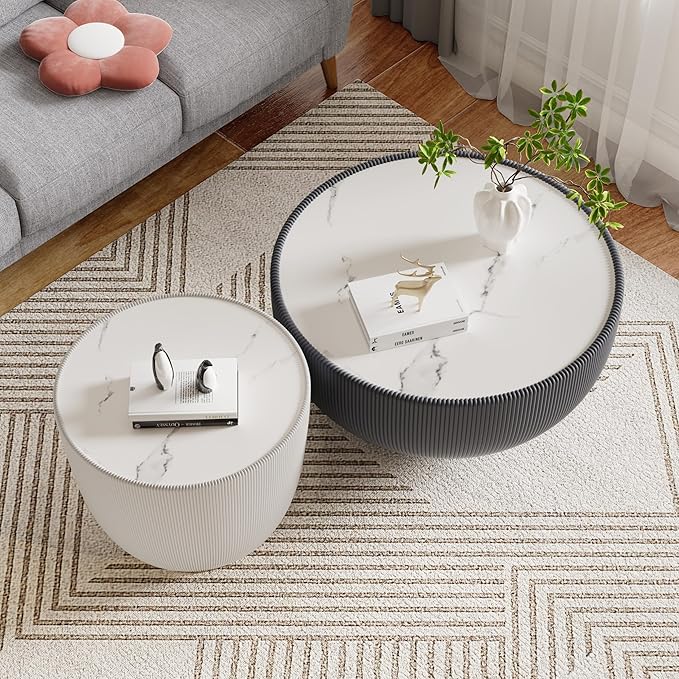 Round Coffee Table Set with Sintered Stone Tabletop, 27.56" Grey Drum Center Table and 19.69" White Coffee Table Set, 2 Pieces Living Room Table Set with Fluted PU Leather Cover& Metal Base