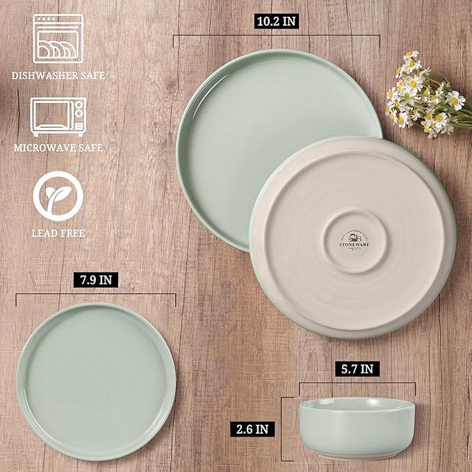 HaWare Stoneware Dinnerware Sets, 18-Piece Plates and Bowls Set for 6, Dishes Set for Home Restaurant, Speckled Asparagus Green