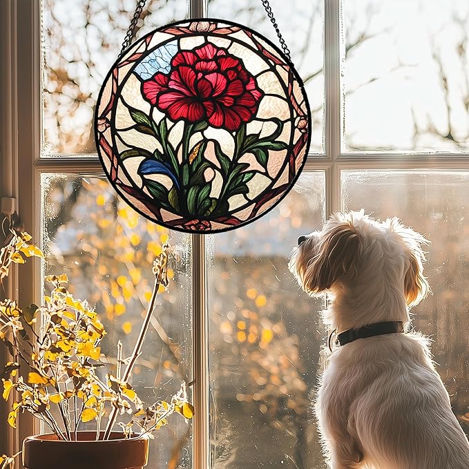 Stained Glass Window Hanging - Red Carnation Birth Flower Sun Catcher for Door Garden Home Decor Suncatcher Christmas Mother's Day Birthday Gifts for Women Men Mom Nana Friend Wife 7.8 in