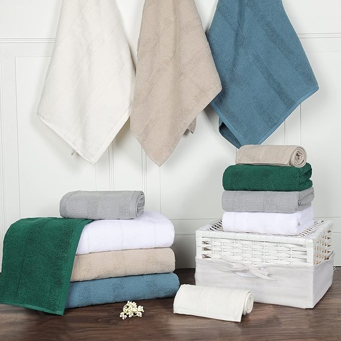 Superior Roma Cotton 12 Piece Assorted Towel Set, Highly Absorbent, Ribbed, Quick-Dry, Shower, Spa Basics, Home Essentials, Solid, Includes; 2 Bath Towels, 5 Hand Towels, 5 Face Towels, Stone