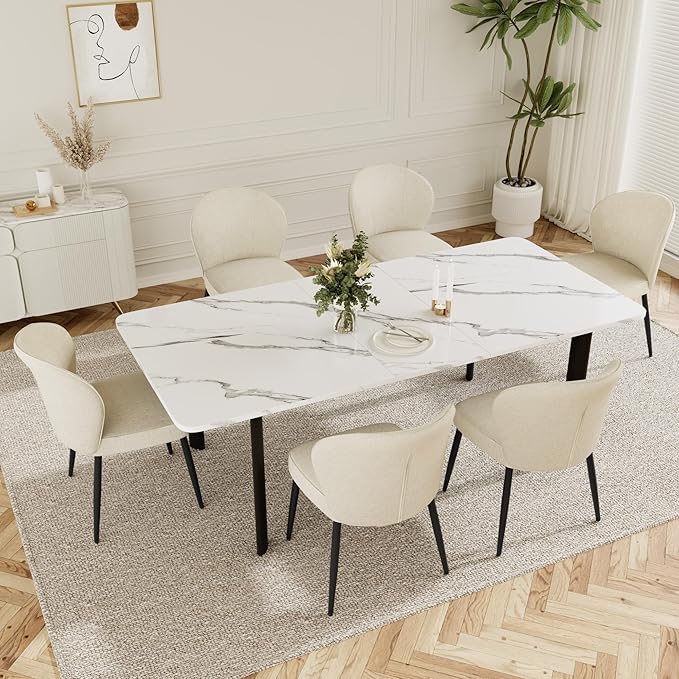 Dining Chairs Set of 4, Modern Fabric Dining Room Chairs with Curved Backrest Well-Padded Seat, Upholstered Kitchen Chairs for Living Dining Room, White