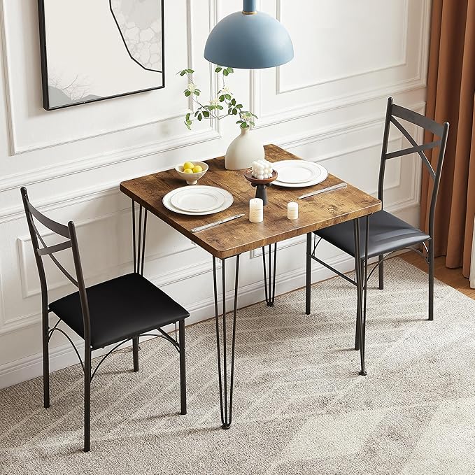 VECELO 3 Piece Dining Table Set for 2, Kitchen Table Set with 2 Chairs for Small Space, Space-Saving and Modern Design, Apartment, Easy to Assemble,Retro Brown