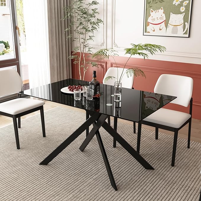 Goujxcy Modern Glass Dining Table Set for 6, Black Glass Kitchen Table and Chairs Set, 7 Piece Dining Room Table Set with 51" Rectangle Dinner Table and 6 Grey Leather Dining Chairs