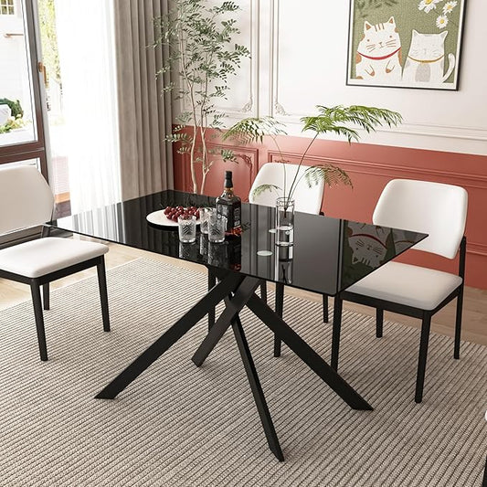 51.2" Black Glass Dining Table, Modern Kitchen Table for 4-6 People, Contemporary Rectangular Dining Room Dinner Tables with Black Glass Top & Black Metal X Legs for Kitchen Apartment