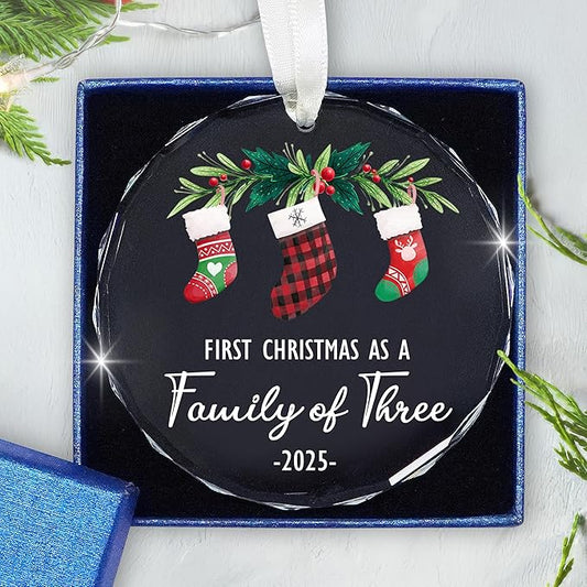 Baby’s First Christmas Ornament 2025 – Christmas Tree Decoration Glass Ornaments - Family of Three Ornament Gifts for New Parents, New Mom Dad Gift, Christmas Tree Decoration Keepsake