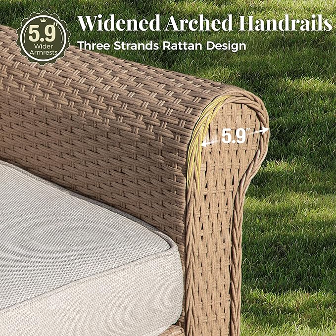 Patio Furniture Set 6 pcs, Wicker Outdoor Patio Furniture, 3-Seat Sofa, 2 Single Chairs, 2 Ottomans and Coffee Table, Rattan Patio Conversation Set for Backyard Deck, Beige