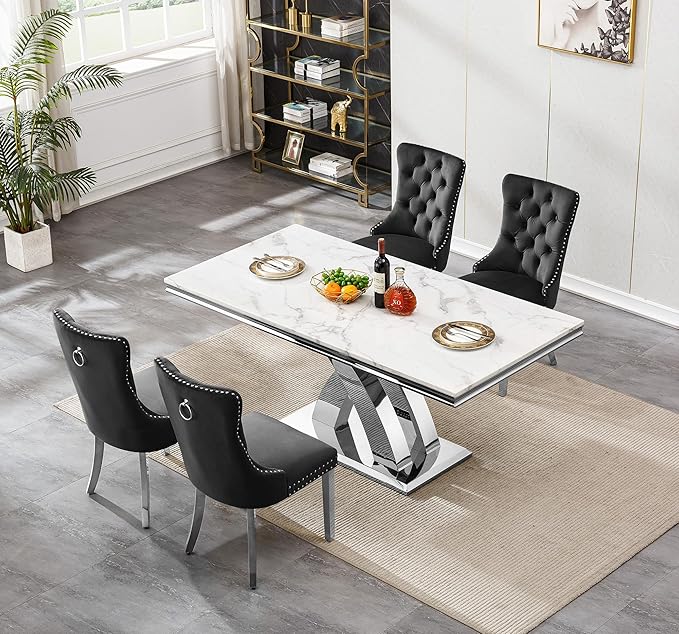 Goujxcy 5-Piece Dining Table Set Modern Faux Marble Dining Table Set for 4, Luxury 68" Long Faux Marble Kitchen Table with 4 Velvet Upholstered Chairs, Mirrored Stainless Steel Base
